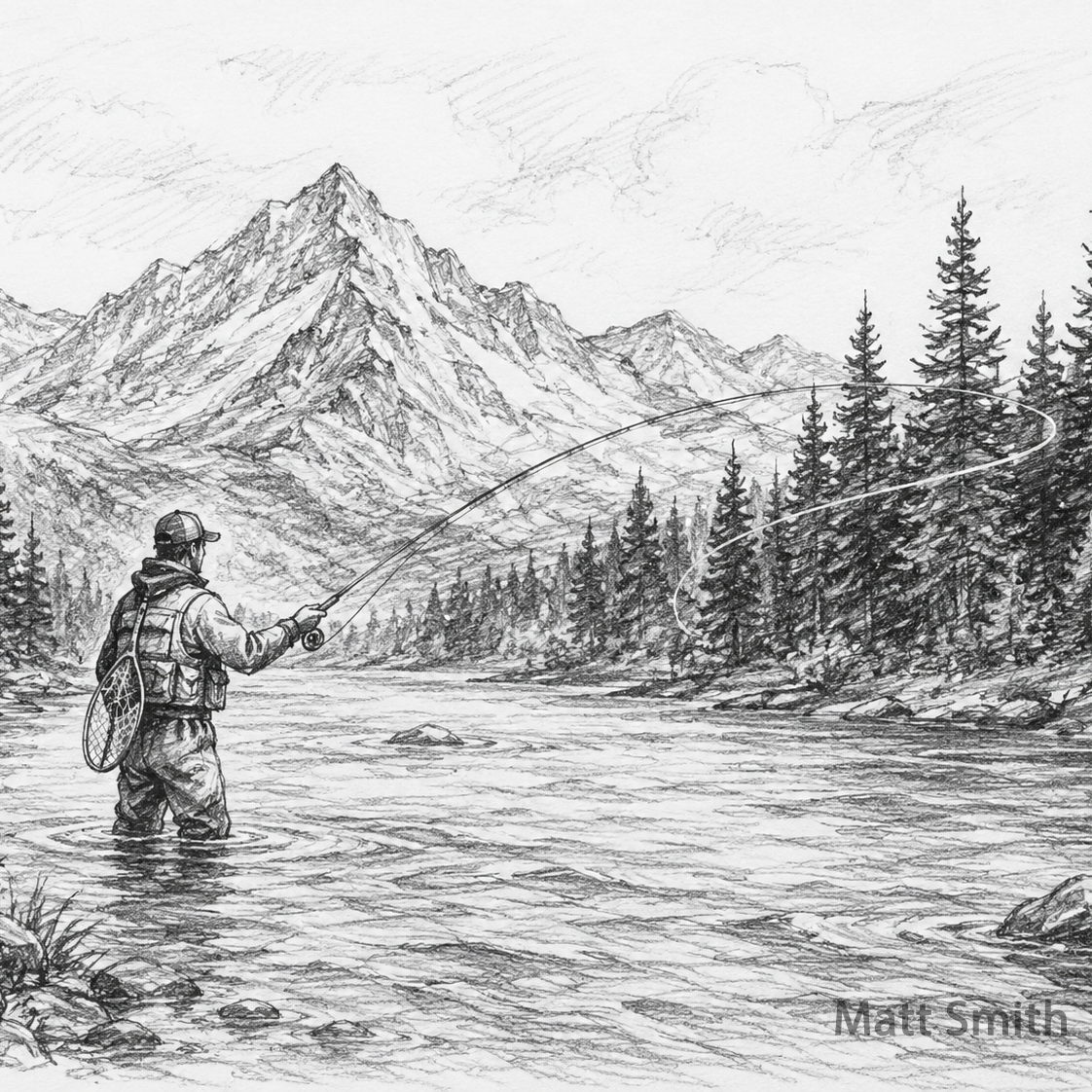 The River — Matt Smith album cover, pencil illustration of a fly fisherman in a mountain river